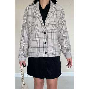 Camisa informal de popelina a cuadros beige con botones para mujer, blusa de uso diario - Product Image 2