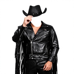 Blouson de motard en cuir à franges pour homme, noir, avec manches et dos en peau d'agneau, fermeture éclair asymétrique, taille cintrée, style western à pompons - Product Image 1