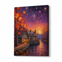 Impression sur toile abstraite Paysage nocturne d'automne avec maison en pierre et rivière, style impasto, Décoration murale pour salon et hôtel