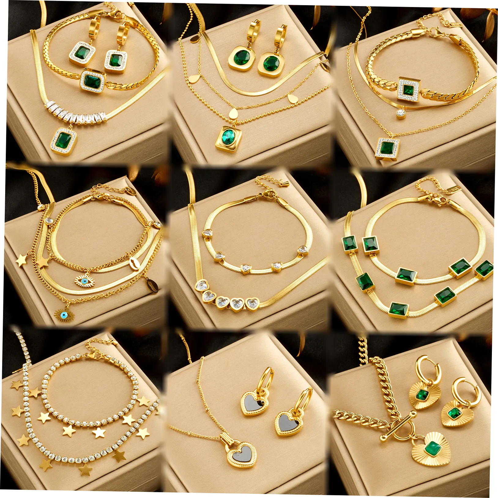 Изумрудное ожерелье из нержавеющей стали, 18-каратное золото, Изумрудный Циркон, сердце, глаз, многослойный кулон, серьги, браслет, женский набор украшений в подарок