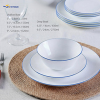 Vaisselle en verre opale trempé, bord bleu fin sur décor émaillé, assiette, bol, assiette à poisson, tasse et soucoupe pour la maison et la restauration