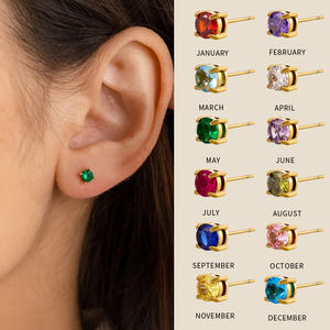 Pendientes de Botón con Circonita, Piedra de Nacimiento |   Joyería de Piedra Natalicia Redonda de Circonita Cúbica en Acero Inoxidable Chapado en Oro de 18K PVD |   Hipoalergénico, Impermeable - Product Image 1