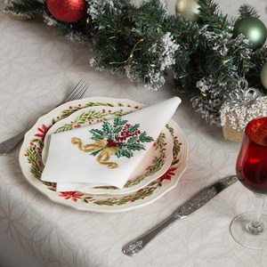 Serviette blanche en <span class=keywords><strong>lin</strong></span> 100% avec feuilles vertes Fleurs et baies rouges et nœud rouge pour les dîners de Noël - Product Image 5