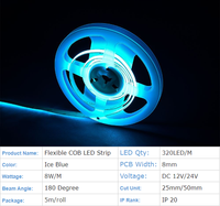 Bande lumineuse LED COB flexible sans points, bleu glace, 320 LED/m, DC24V, 320 LED/m, PARFAITE, non étanche, pour décoration intérieure