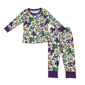 Conjuntos de Ropa para Niñas Pequeñas de Alta Calidad, Amarillo, Verde y Morado de Mardi Gras, Lazos, Pantalones de Manga Larga, Pijamas de Seda, Nueva Llegada, Gran Venta - Product Image 1