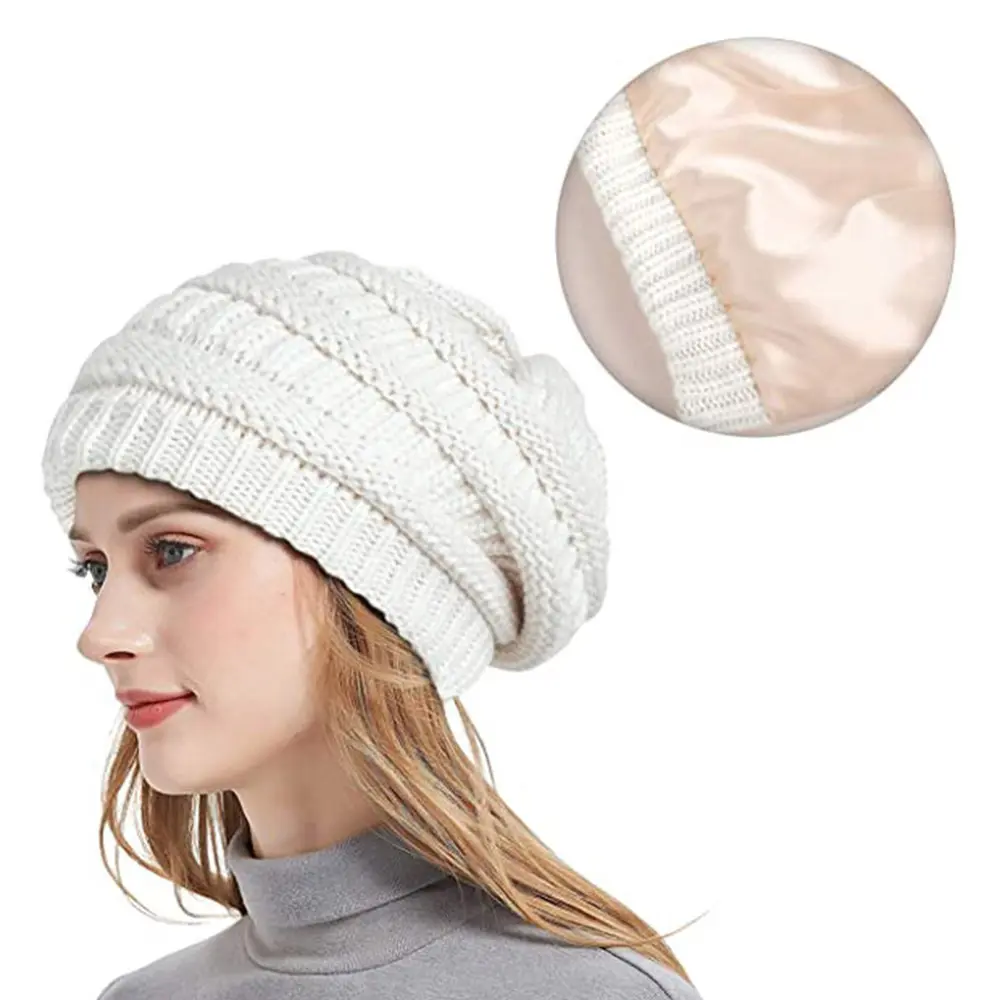 H071 gorro feminino de malha, chapéu quente grosso de tecido cetim com forro de seda, gorro larga com forro