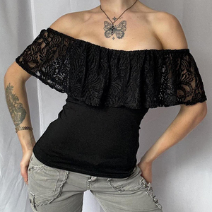 Camiseta de punto con ribete de encaje para mujer, manga corta, cuello redondo, estilo callejero Y2K, camiseta informal de verano para mujer - Product Image 6