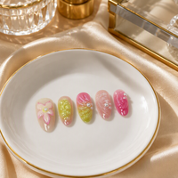 Set Perlengkapan Kuku Palsu Almond Reusable Press On Nail Art Grosir Y65 Factory, Warna Hijau Pink Bunga