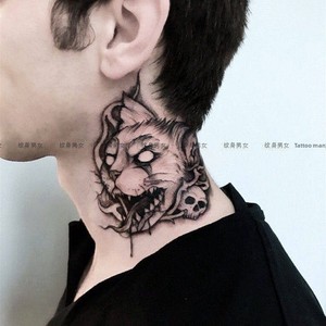 Autocollant de tatouage temporaire pour le cou, style Instagram, motif chat crâne aux couleurs vives ; design félin noir et blanc, imperméable et longue durée - Product Image 2