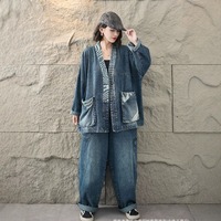 Nouvel ensemble décontracté deux pièces pour femme : veste en jean oversize à imprimé contrastant et pantalon cargo large – Collection Printemps-Automne 2026 (vente en gros)