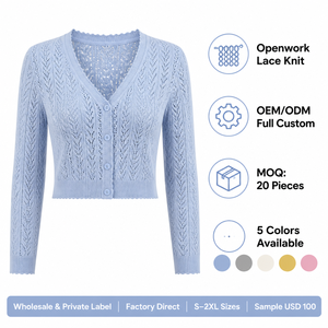Cardigã Feminino Personalizado OEM ODM com Decote V Cropped, Renda Vazada, Tricô Jacquard, Manga Longa e Botões – Atacado e Marca Própria para Pedidos em Lote - Product Image 4