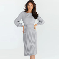 Robe longue décontractée plissée en maille pour femme, collection automne-hiver 2022, manches longues, col rond, couleur unie, ceinture en dentelle, coupe droite naturelle