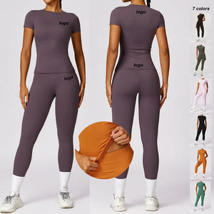 Wholesale Customised Sports Fitness Yoga <strong>Wear</strong> Quick Drying Short Sleeve <strong>T</strong>-<strong>shirt</strong> High Waist Elastic <strong>Leggings</strong> Woman Sport Outfit - Product Image 1