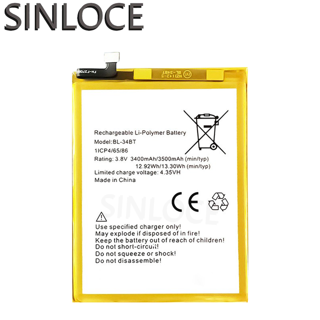 SINLOCE BL-34BT Double IC Protection 3500mAh Li-ion Rechargeable Mobile Phone Battery for Tecno KA7 Spark2 A+ ISO Certified
