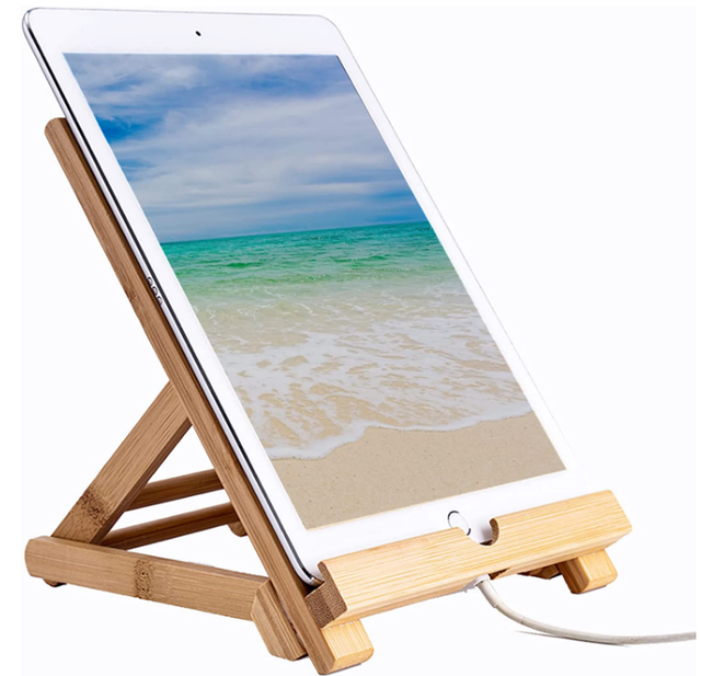 Factory Factory Price Custom Bamboo Tablet Stand Chargeable Hole Desk Adjustable Folding Bamboo Ipad Stand Tablet Holder