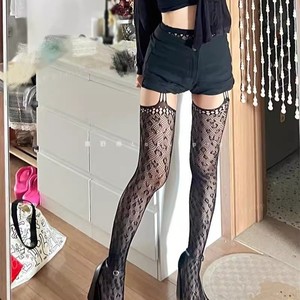 Black Lace Trimmed <b>Fishnet</b> Thigh High Stockings Women Breathable Nylon Transparent Japanese Fashion Style - Product Image 2