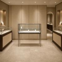 Vitrine d'îlot pour bijoux sur mesure, en verre trempé, avec éclairage LED et métal brossé, pour aménagements de magasins de détail