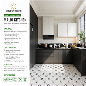 Cuisine Moderne MALIO |   Meubles <span class=keywords><strong>de</strong></span> cuisine noir mat |   Marbre Nero Marquina |   Capot Arqué |   Appareils électroménagers <span class=keywords><strong>SMEG</strong></span> |   Conception 3D Gratuite - Product Image 1