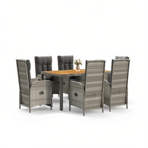 Set da Pranzo da Giardino in Rattan Grigio per 6 Persone, Arredamento da Esterno Resistente alle Intemperie con Piano in Legno di Teak Contemporaneo - Product Image 1