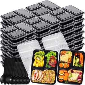 1000ml 3 Compartment Disposable Lunch Box With Lids 36oz Microwaveable Food Salad Storage Bento Lunch Box