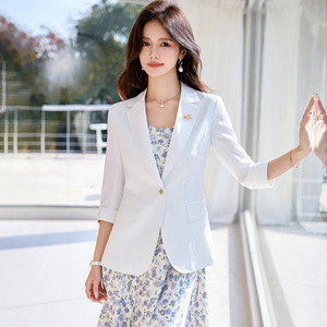 Women's Black Blazer Slim Fit Mid Sleeve Breathable Polyester Spring Summer Casual Suit Jacket - Product Image 2