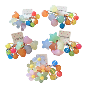 Lindas Bandas para el Cabello de Goma en Color Caramelo, Juego de 5 Piezas, Adorno para el Cabello con Estrellas y Flores para Niñas, para el Regreso a Clases - Product Image 1