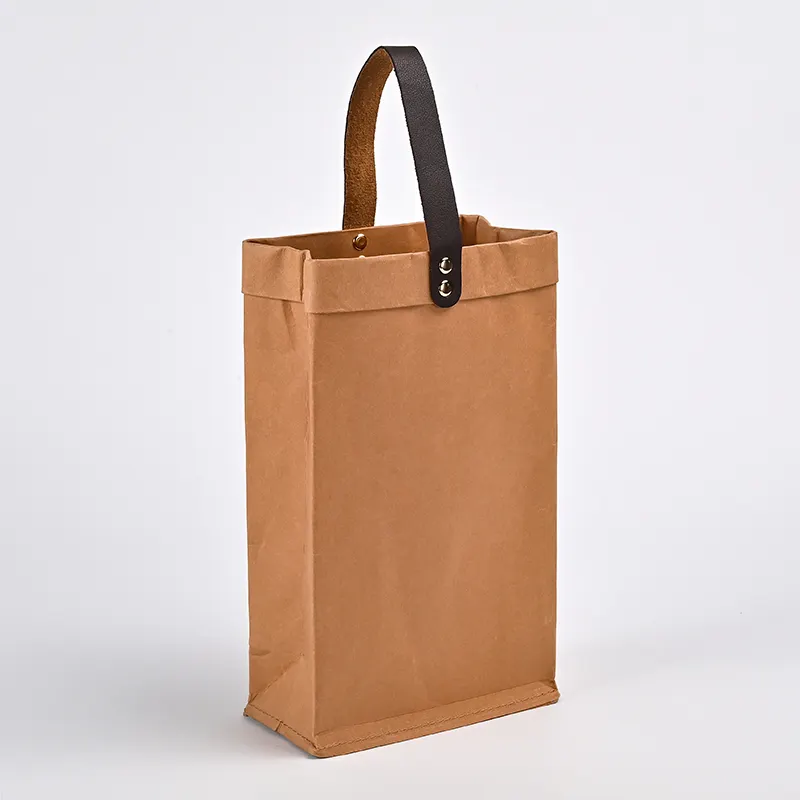 Großhandel wieder verwendbare hochwertige braune 1 Flasche Tote Kraft papier Wein Geschenk beutel mit PU-Griff für Promotion Giving