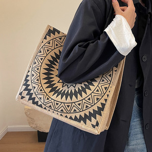 Femmes fleur motif fourre-tout sacs à bandoulière rétro grande capacité coton lin sac à main navettage sous les bras sac décontracté sacs à provisions - Product Image 4