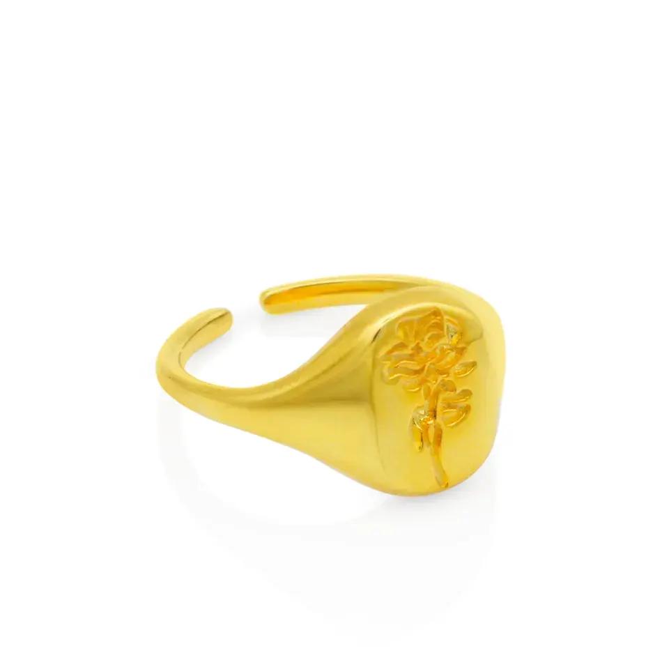 Chris April gold plated carving flower rose mirror sterling silver engraved ring