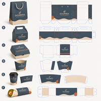 Emballages personnalisés pour plats à emporter de restaurant avec boîte à burger, carton à frites, manchon d'emballage, gobelet à café, sac en papier et boîtes combo à poignée.
