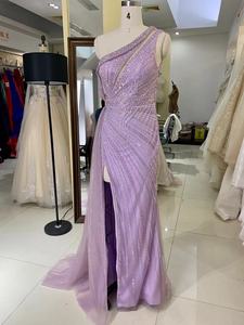 Robe de soirée musulmane de couleur mauve, élégante, entièrement ornée de perles, <span class=keywords><strong>jupe</strong></span> en tulle, longueur au sol, sans manches, avec paillettes - Product Image 2