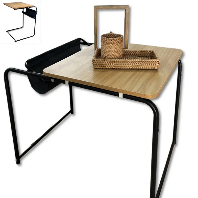 Mesa auxiliar de madera en forma de C, altura ajustable para sala de estar y dormitorio, mesa auxiliar y mesa de esquina