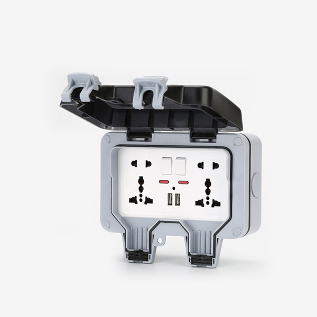 Waterproof Universak 5pin Double Wall Sockets Outdoor IP66 220V Europe Electrical Dual Socket Outlet with USB Port