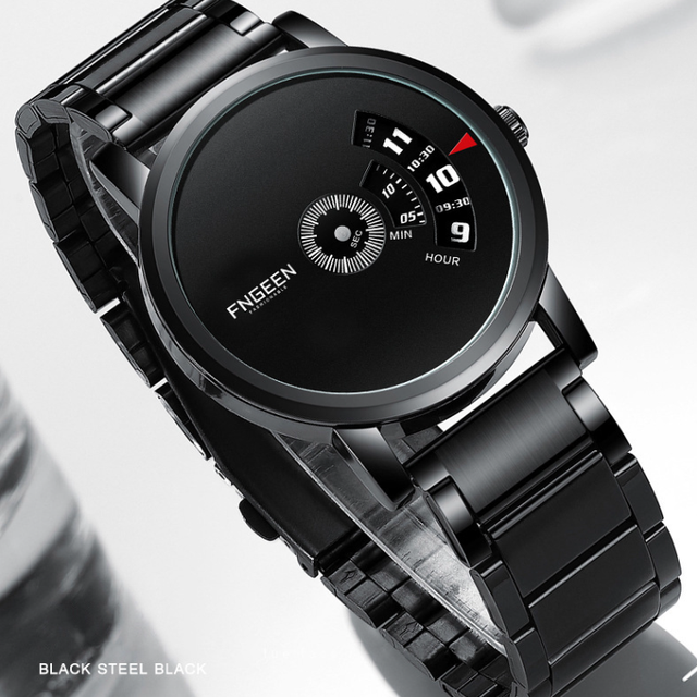 Fngeen S230 Stainless Steel Band Metal Case Quartz Wristwatch Men Unique Design All Black Dial Display Watches for Male