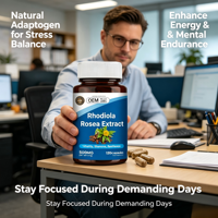 Complément Alimentaire Biologique à Base de Plantes OEM Rhodiola Rosea en Capsules Végétariennes pour le Stress, l'Énergie, l'Humeur, la Vitalité Quotidienne et la Détoxification