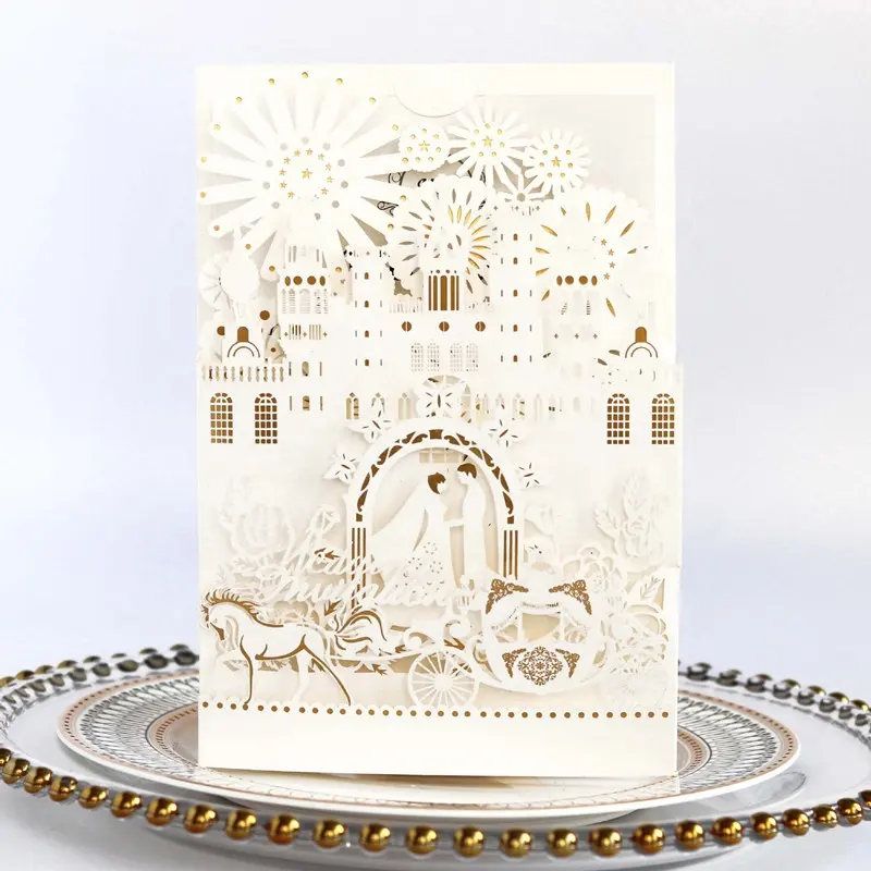 Carte de vœux de luxe avec chariot à citrouille, carte d'invitation de mariage avec château 3D, nouvelle collection