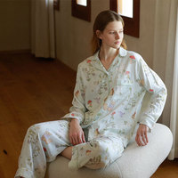 Nouvelle Collection Lijia Début d'Automne – Ensemble Femme Respirant en Fibre de Bambou Double Gaze avec Imprimé Mignon Cygne et Sapin, Manches Longues