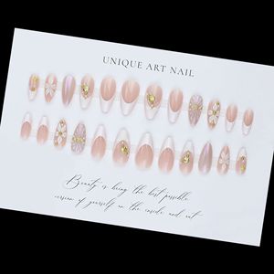 Faux ongles en gel souple à presser, longs, forme stiletto, French manucure, motif floral 3D, étoile de mer dorée, perle, réutilisables, pour femmes, salon de beauté - Product Image 3