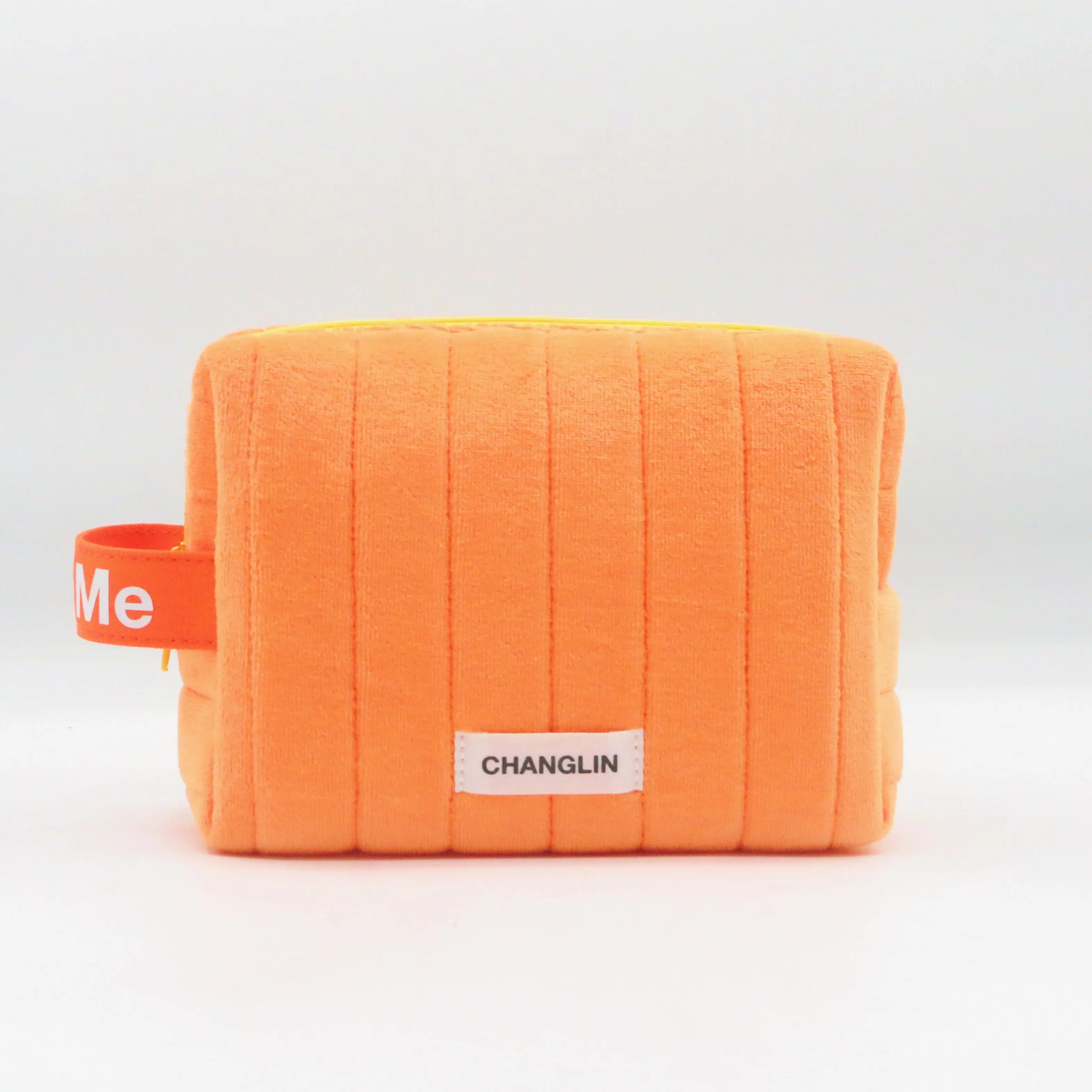New Orange Quilting Velvet Beauty Bag Cute Wholesale Bulk Custom Logo Quilted Cotton Polyester Travel Makeup Pouch Cosmetic Bag