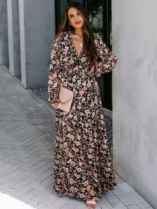 SUZHOU <span class=keywords><strong>VIVA</strong></span> VIXEN Abito lungo da donna con stampa floreale, scollo a V profondo, maniche lunghe a sbuffo, vita impero, balze a strati, traspirante - Product Image 4