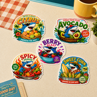 Autocollant personnalisé avec logo de marque, motif dessin animé, requin, fruits, légumes, en vinyle découpé, imperméable, pour emballage alimentaire et boîte en carton
