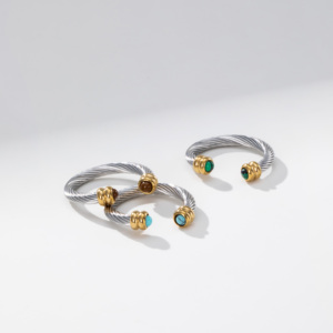 YF8501 Vintage Waterproof Non Tranish 18K PVD Gold Plated Stainless Steel Twist Natural Stone <strong>Tiger</strong> <strong>Eye</strong> Turquoise Open <strong>Rings</strong> - Product Image 5