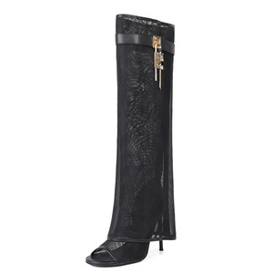 Fishnet Overlay Knee High <b>Boots</b> Women Mesh Pants High Heels Stiletto Metal Shark Lock Summer Shoes Peep Toe Sandals - Product Image 1