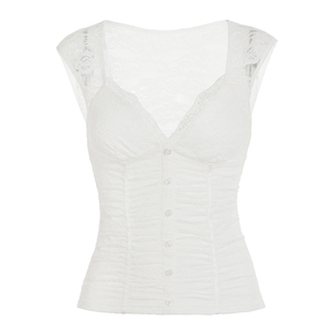 Camiseta de Verano para Mujer, Estilo Dulce y Femenino, Color Sólido, Encaje, Impresión Digital, Transpirable, Cierre de Botones, Corte Ajustado - Product Image 6