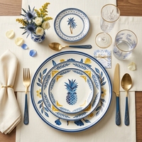 Service d'assiettes en céramique motif perroquet tropical et ananas, bleu et jaune, peintes à la main, en porcelaine, pour mariage, hôtel, restaurant