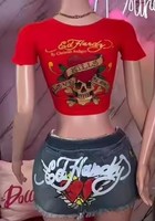 Ensemble jupe 2 pièces décontracté et tendance pour femme : haut imprimé lettres et jupe en jean – Tenue estivale mignonne pour femme