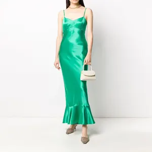 中国制造商绿色真丝美人鱼夜滑连衣裙