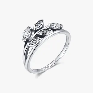 Cincin daun keberuntungan Vintage sederhana perak murni 925 cincin jari kehidupan pohon CZ jernih berkilau perhiasan wanita
