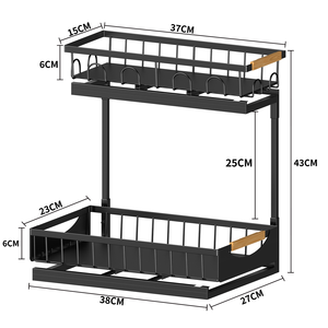 Black Double Tier <b>Metal</b> Under Sink Organizer Rack Adjustable Sliding Storage <b>Shelf</b> for <b>Kitchen</b> Cabinet - Product Image 4