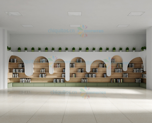 Estantería de madera elegante Chiquitos con solución de almacenamiento funcional de diseño de <span class=keywords><strong>onda</strong></span> única para bibliotecas espacios educativos hoteles - Product Image 3